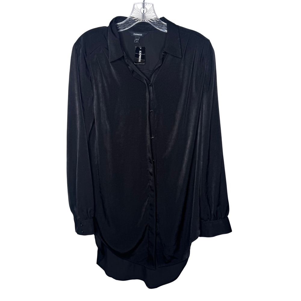 EXPRESS Black Satin Button Down Shirt Tunic Top Long Sleeve‎ Women's Size M